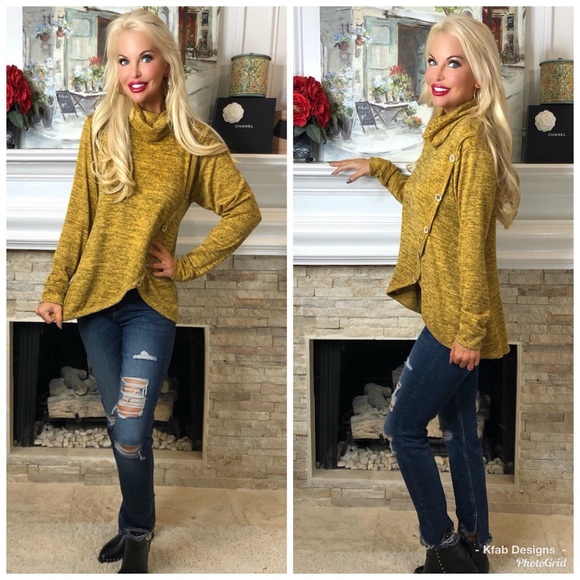 ❤️LAST 1! Mustard Cowl Neck Top with Button Detail - Picture 4 of 6